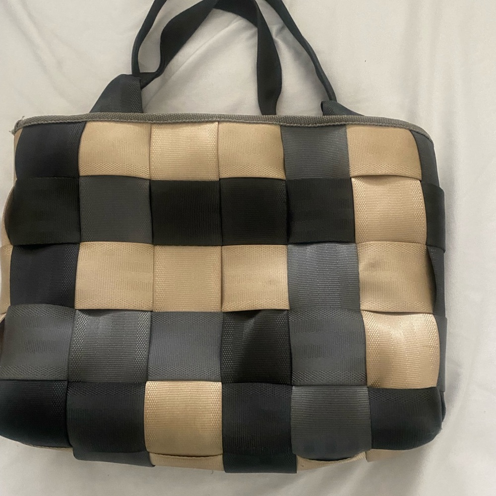 Woven Checker Tote Bag in Black, Gray & Cream